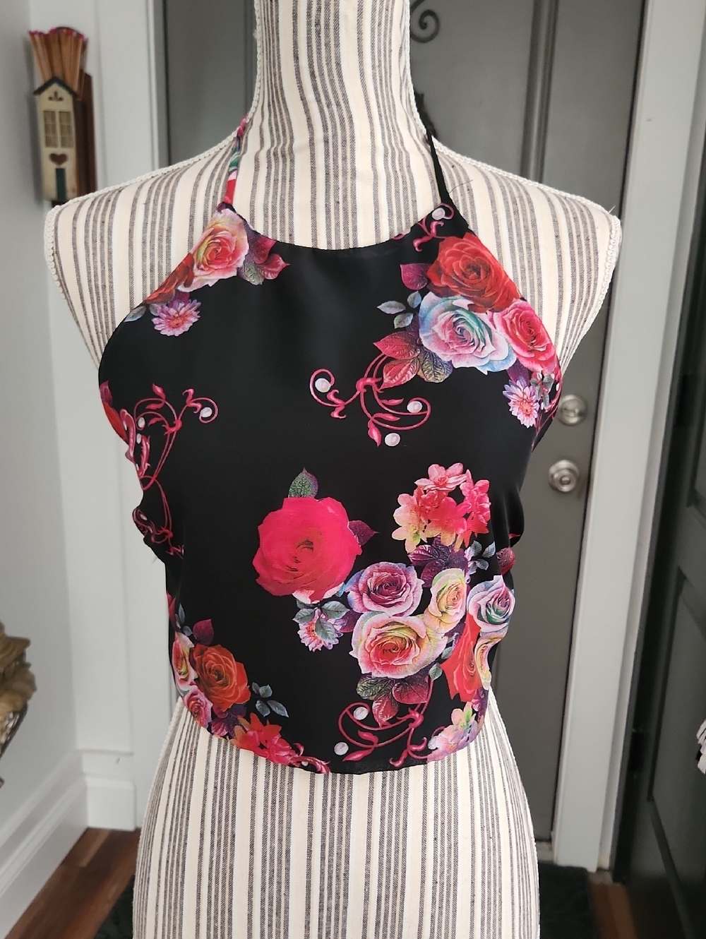 Women's Floral Halter Top- Black with Multicolor Roses